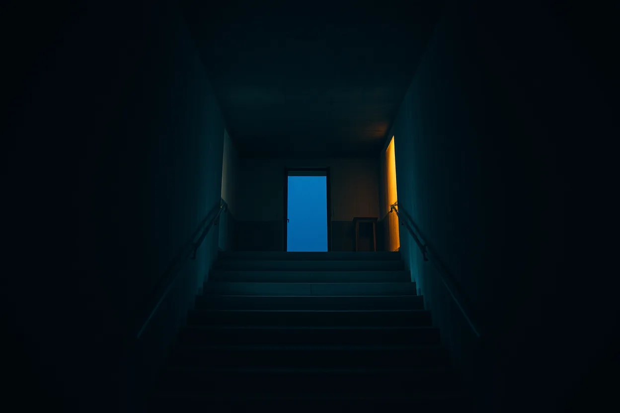 A dark stairway rising toward a doorway of warm light, the steps edged in shadow.