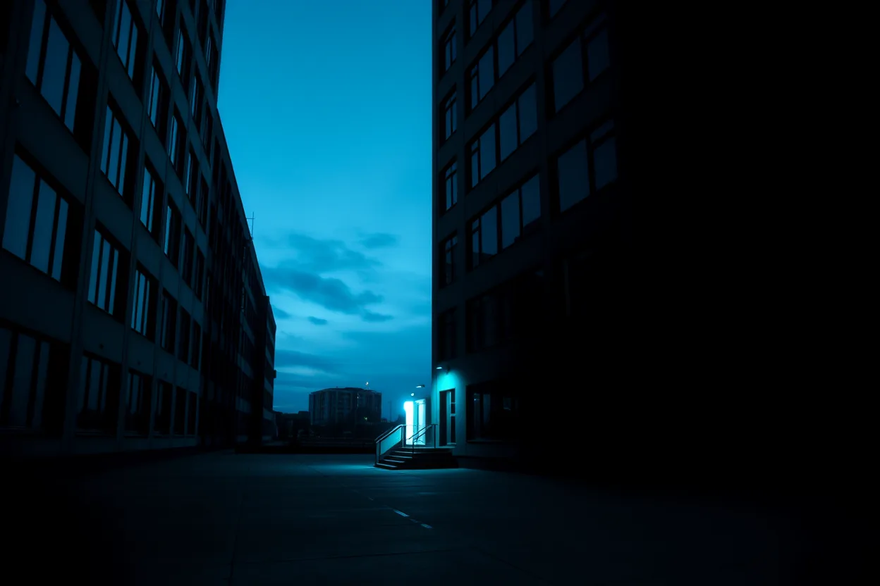A passage between two dark office buildings at blue hour, clouds crossing the strip of sky, one entrance at street level glowing teal-white.