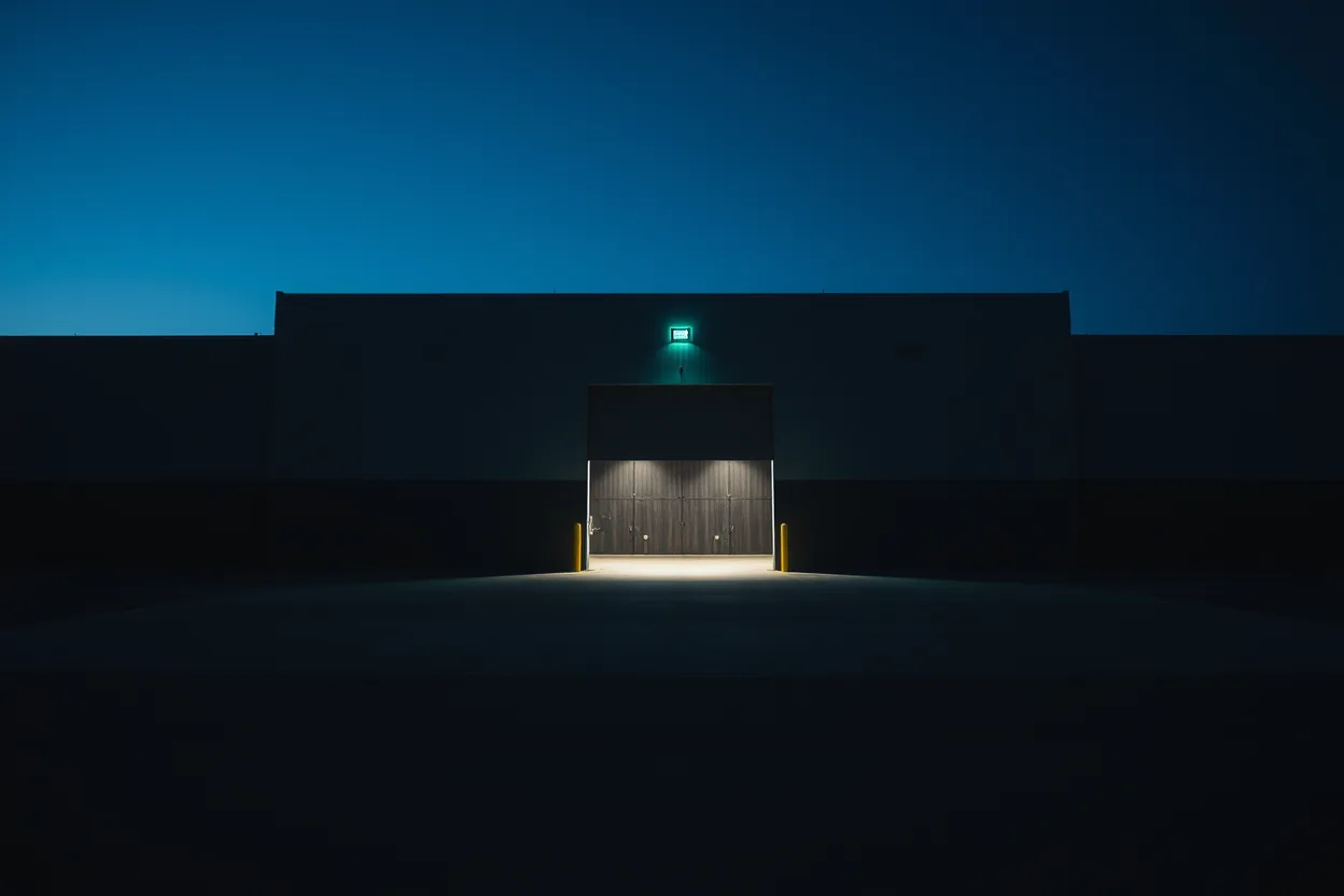 A manufacturing hall at blue hour under a deep blue sky, its loading dock lit warm from within, a small teal lamp glowing above the bay.