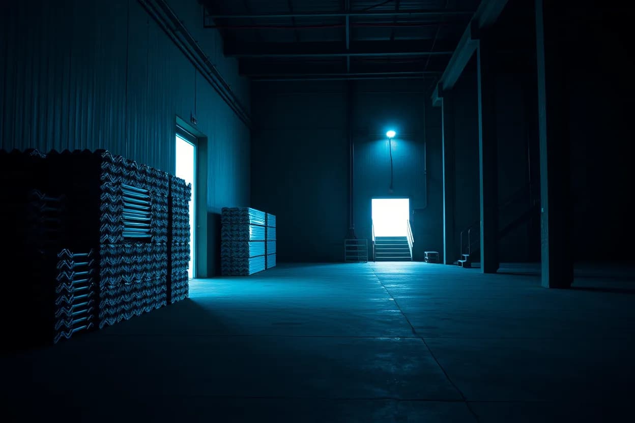 A dark warehouse interior with racked stock, one cool light washing the aisle and a bright doorway glowing at its end.