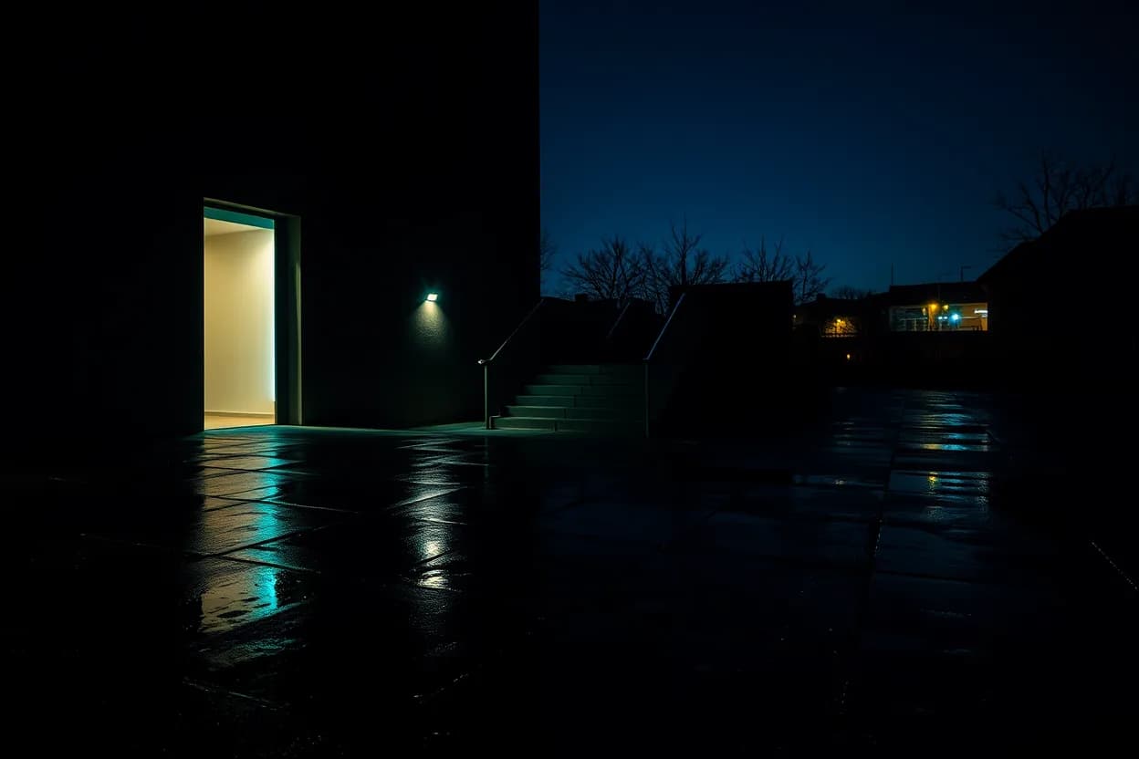 Wet paving at night reflecting the light of one open doorway, a stair with a thin handrail rising beside it, bare trees against the dark sky.