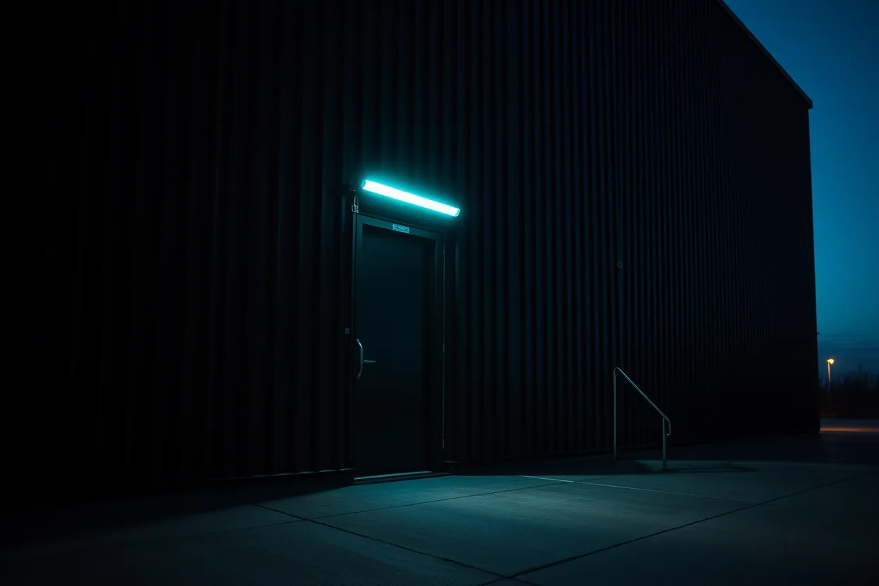 A dark ribbed-metal facade at night, one teal strip light burning above a doorway.