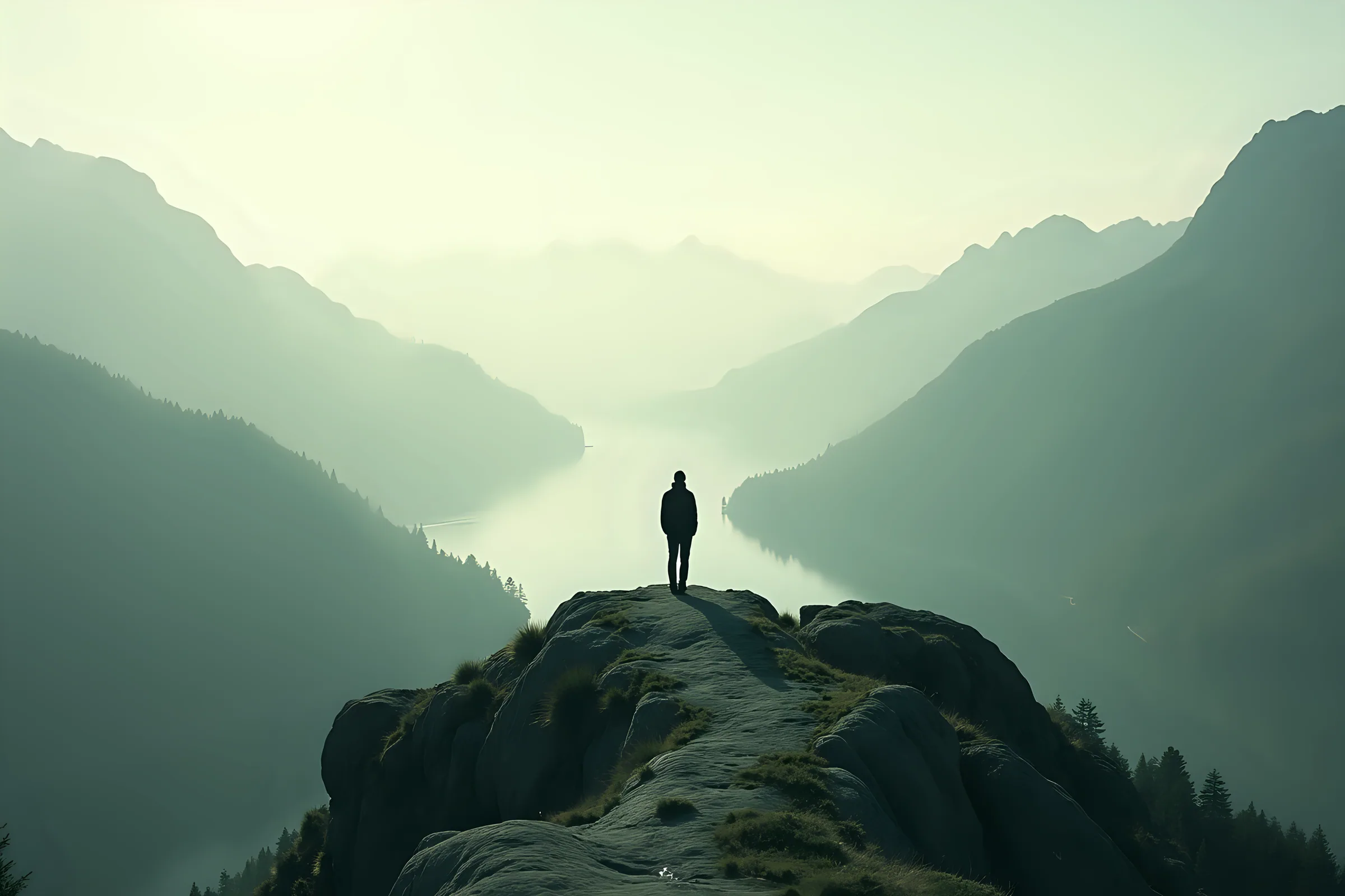 A desaturated, high-contrast photograph of a mountain ridgeline, a valley falling away beneath it, graded to the brand's forest and stone tones.