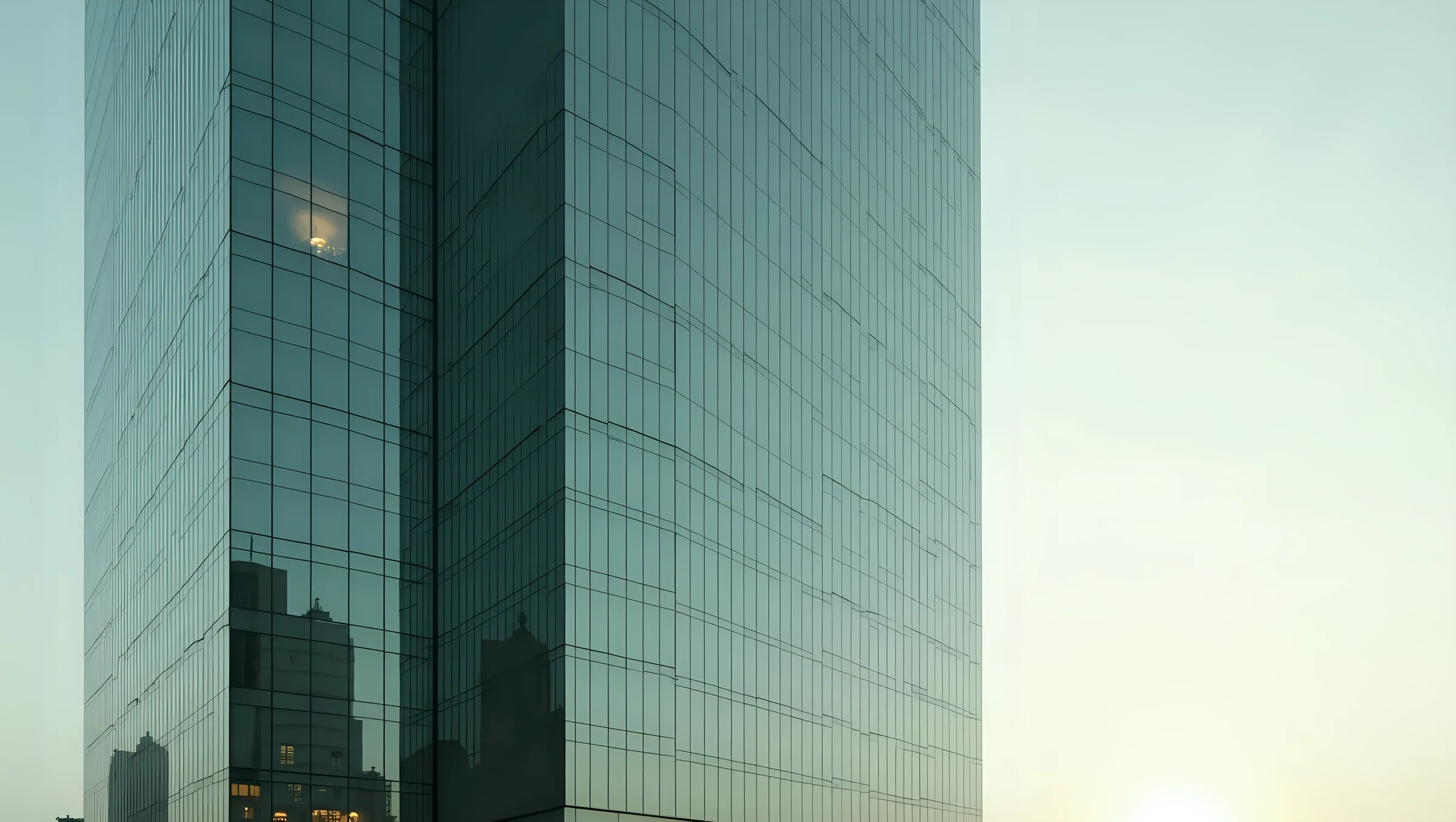 A desaturated, high-contrast photograph of glass and steel, an open sky, graded to the brand's forest and stone tones.