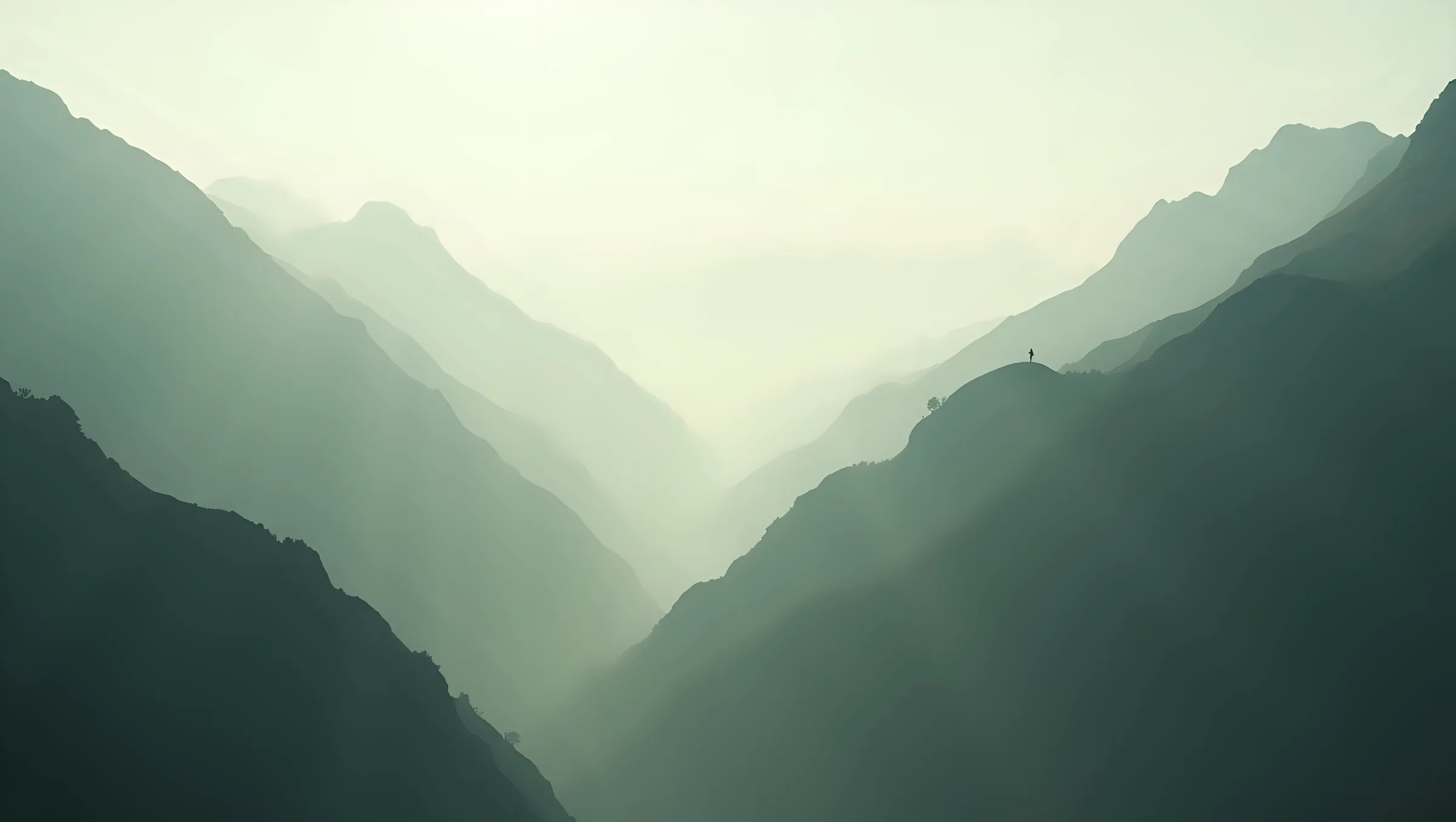 A desaturated, high-contrast photograph of a mountain ridgeline, a valley falling away beneath it, graded to the brand's forest and stone tones.