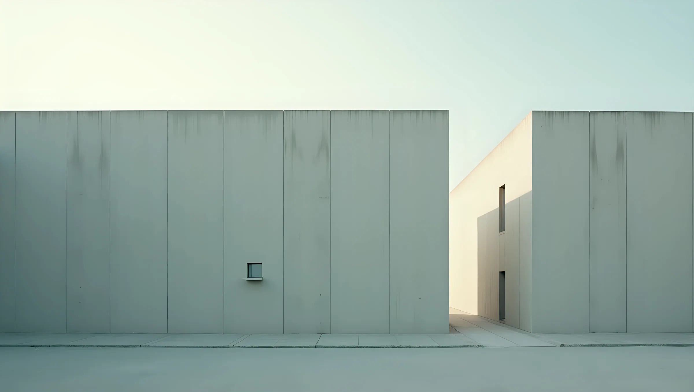 A desaturated, high-contrast photograph of concrete architecture in hard shadow, graded to the brand's forest and stone tones.