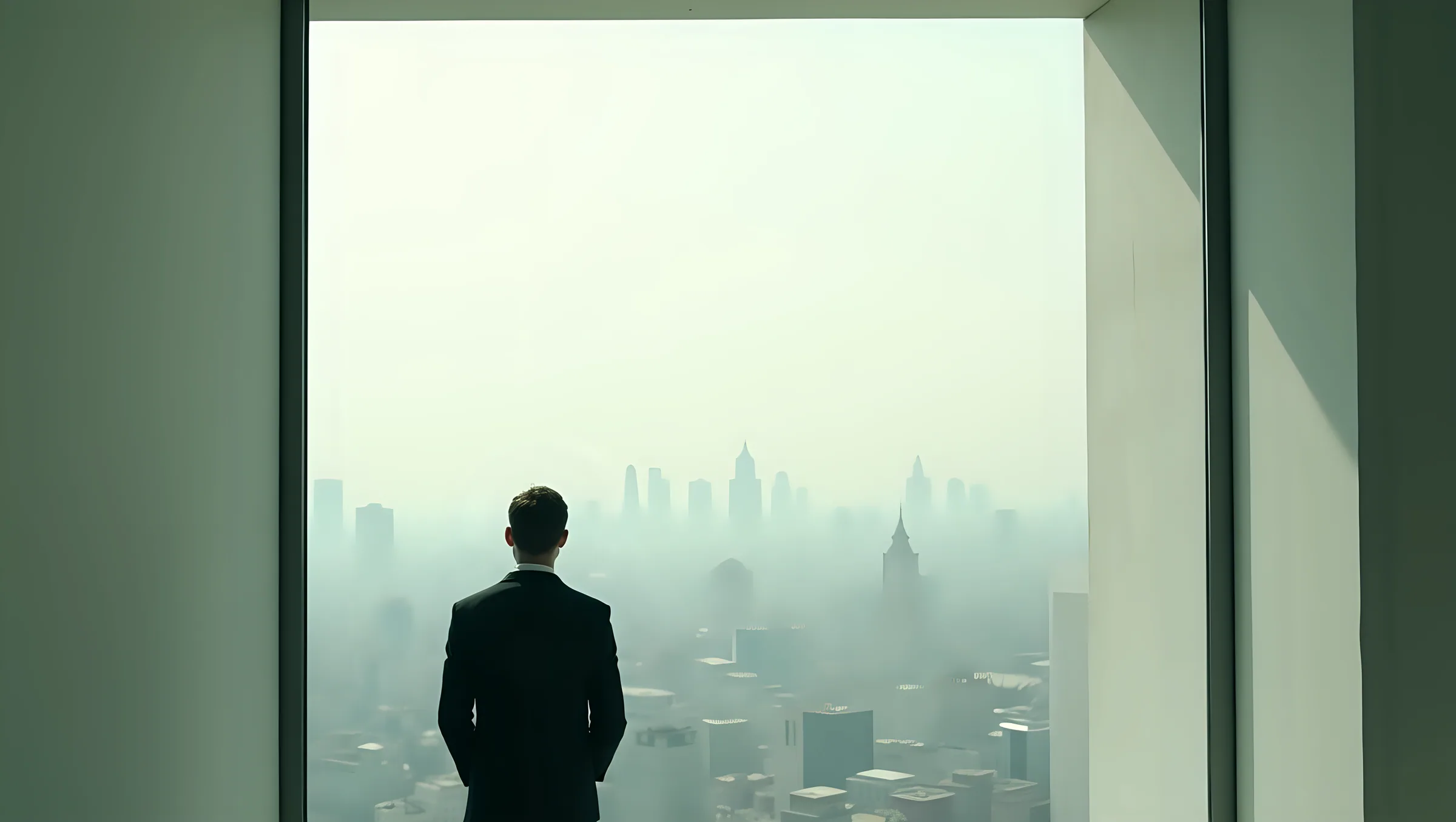 A desaturated, high-contrast photograph of a window over a city, a figure seen from behind, glass and steel, graded to the brand's forest and stone tones.