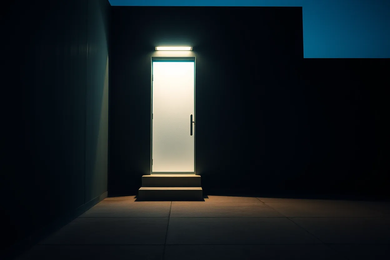 A single lit doorway in a dark wall under a dusk sky, its white light spilling down steps onto the paving.