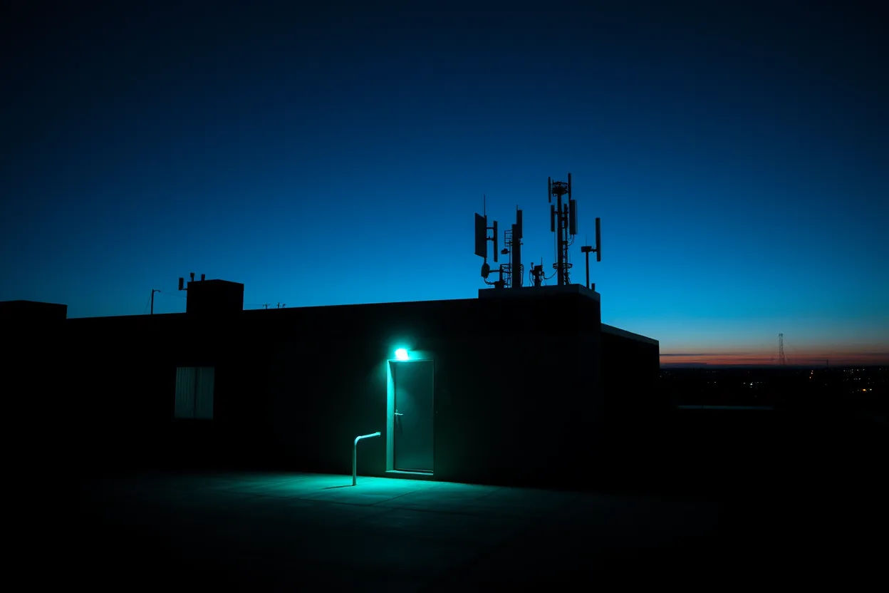 A rooftop antenna array silhouetted against the blue-to-orange gradient of dusk, a teal lamp glowing over the roof door.